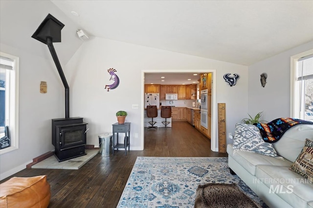 living room featuring lofted ceiling, dark wood finished floors, a wood stove, and baseboards