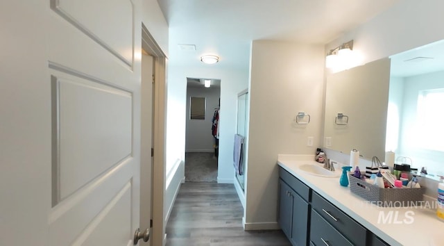 bathroom featuring vanity and hardwood / wood-style floors