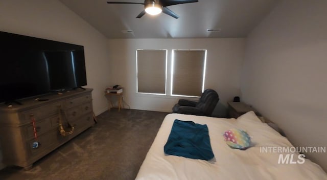 carpeted bedroom featuring lofted ceiling and ceiling fan