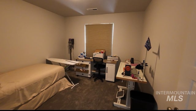 bedroom with dark colored carpet