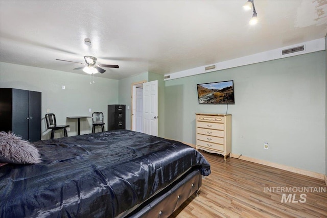 bedroom featuring ceiling fan and light hardwood / wood-style floors