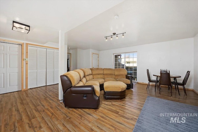 living room with rail lighting and hardwood / wood-style flooring