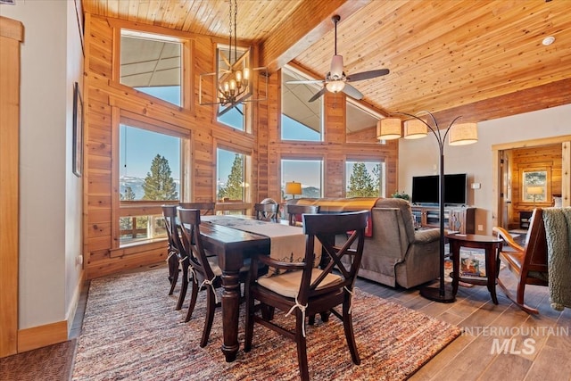 dining space with wood ceiling, high vaulted ceiling, hardwood / wood-style flooring, beam ceiling, and ceiling fan with notable chandelier