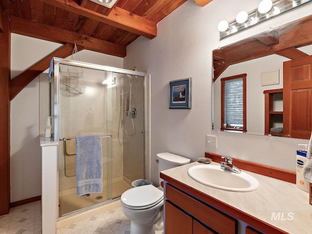 bathroom featuring beamed ceiling, tile floors, wooden ceiling, a shower with shower door, and oversized vanity