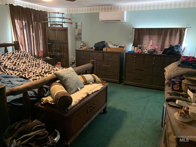 carpeted bedroom featuring an AC wall unit