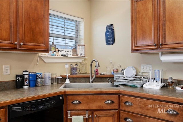 kitchen with a sink, brown cabinetry, and dishwasher