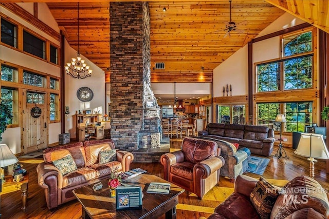 3872 Brookside Dr, New Meadows, ID 83654 - living room featuring high vaulted ceiling, wood ceiling, a chandelier, wood-type flooring, and ceiling fan
