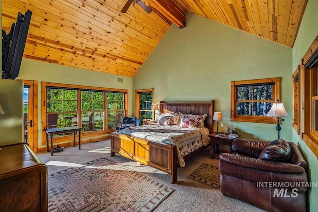3872 Brookside Dr, New Meadows, ID 83654 - bedroom with carpet floors, high vaulted ceiling, and wooden ceiling with exposed beams