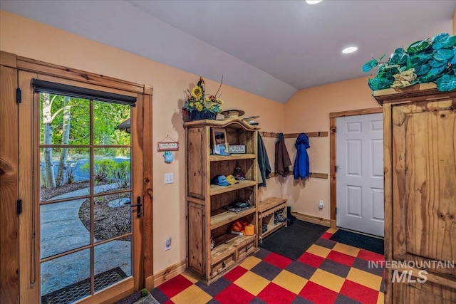 3872 Brookside Dr, New Meadows, ID 83654 - entryway with baseboards, lofted ceiling, recessed lighting, and dark carpet