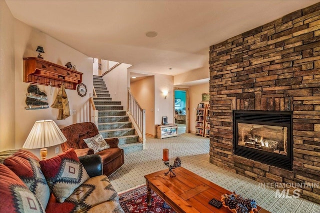 3872 Brookside Dr, New Meadows, ID 83654 - carpeted living area with stairs and a fireplace