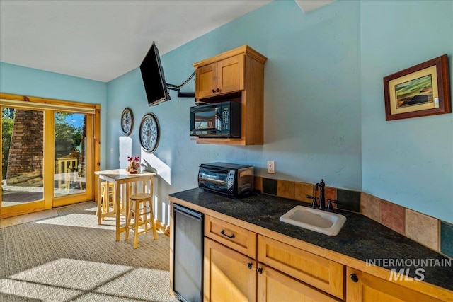 3872 Brookside Dr, New Meadows, ID 83654 - kitchen with a sink, wine cooler, black microwave, and dark countertops