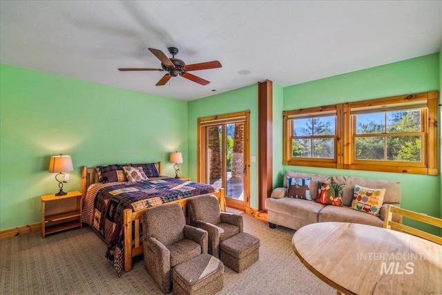 3872 Brookside Dr, New Meadows, ID 83654 - bedroom with access to outside, carpet floors, baseboards, and a ceiling fan