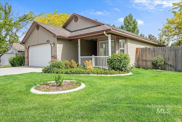 4112 W Cherrytree Ct, Meridian, ID 83642 - ranch-style house featuring a porch, an attached garage, driveway, and a shingled roof