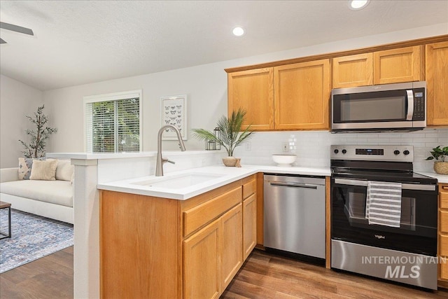 4112 W Cherrytree Ct, Meridian, ID 83642 - kitchen with appliances with stainless steel finishes, a sink, a peninsula, wood finished floors, and backsplash