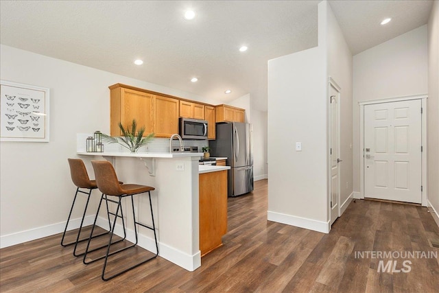 4112 W Cherrytree Ct, Meridian, ID 83642 - kitchen with appliances with stainless steel finishes, light countertops, a peninsula, dark wood-style flooring, and recessed lighting