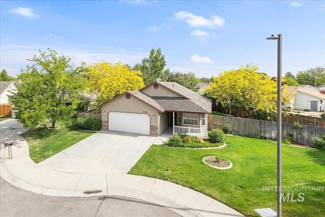 4112 W Cherrytree Ct, Meridian, ID 83642 - ranch-style home with a garage, concrete driveway, roof with shingles, and stone siding