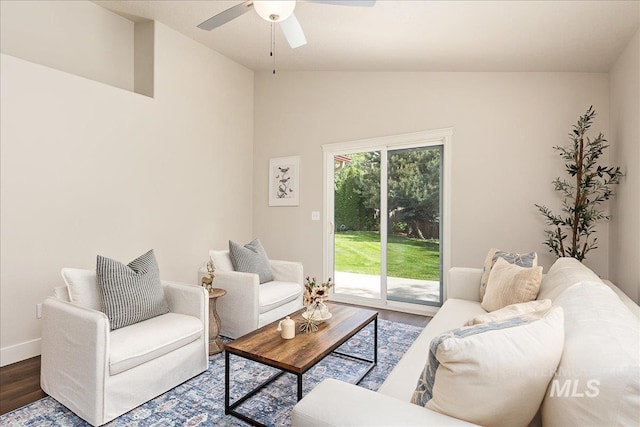 4112 W Cherrytree Ct, Meridian, ID 83642 - living area featuring wood finished floors, ceiling fan, baseboards, and high vaulted ceiling