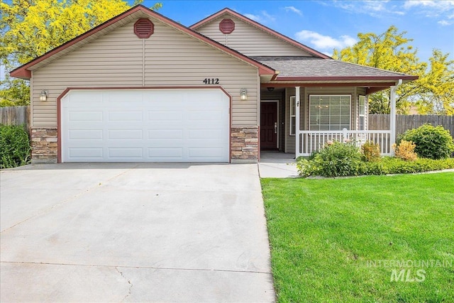 4112 W Cherrytree Ct, Meridian, ID 83642 - view of front facade with stone siding, driveway, a porch, and a shingled roof