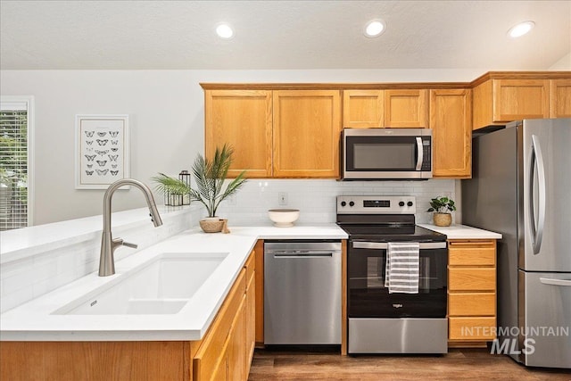 4112 W Cherrytree Ct, Meridian, ID 83642 - kitchen featuring appliances with stainless steel finishes, a sink, backsplash, light countertops, and recessed lighting