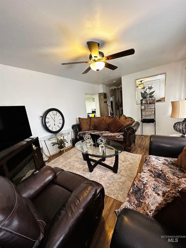 living room with hardwood / wood-style flooring and ceiling fan