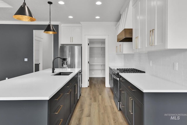 1440 E Azan St, Meridian, ID 83646 - kitchen with range hood, white cabinets, a sink, light countertops, and stainless steel appliances