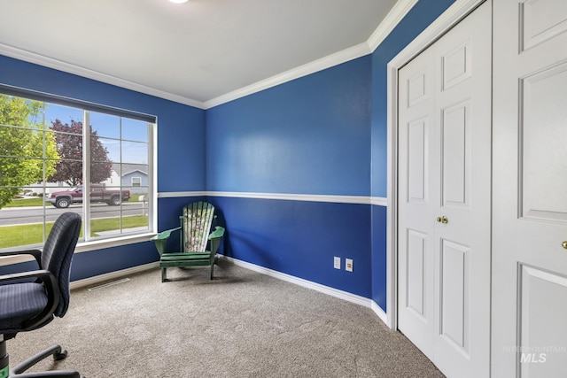 office area featuring carpet floors, crown molding, and baseboards