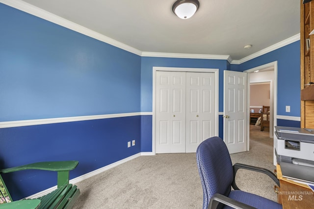 carpeted office featuring ornamental molding and baseboards