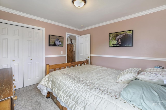 carpeted bedroom featuring a closet and ornamental molding