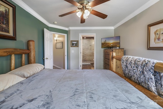 bedroom featuring ornamental molding, connected bathroom, and a ceiling fan