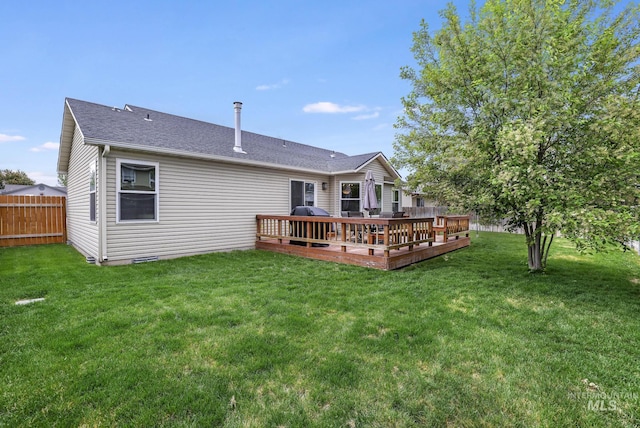 back of property featuring a wooden deck and roof with shingles