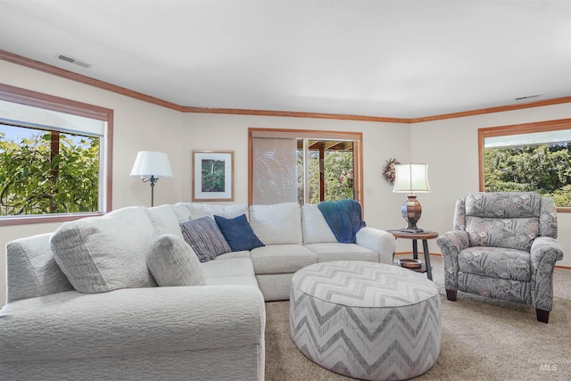 living area featuring light colored carpet, crown molding, and visible vents