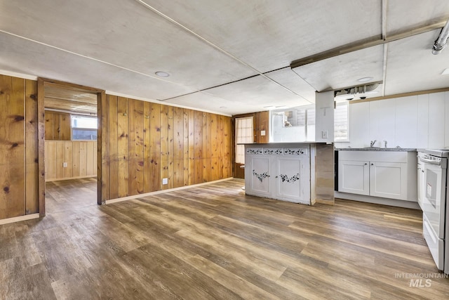 405 N 2nd E, Mountain Home, ID 83647 - kitchen featuring wood finished floors, wood walls, white cabinets, white electric range, and baseboards