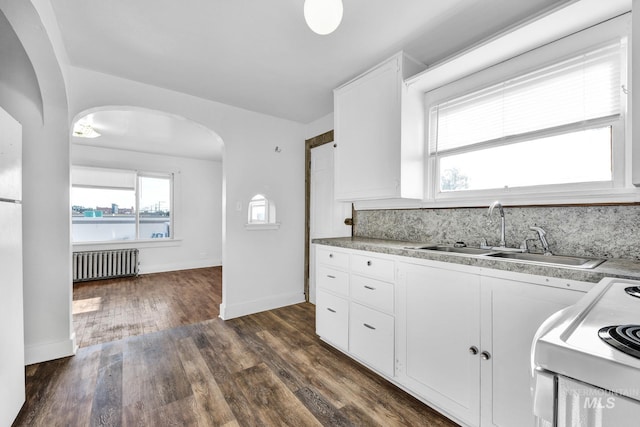 405 N 2nd E, Mountain Home, ID 83647 - kitchen with radiator, arched walkways, a sink, dark wood finished floors, and white cabinets