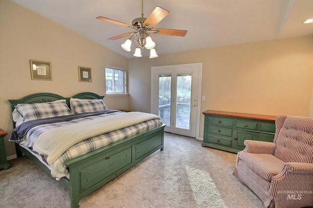 bedroom featuring ceiling fan, light carpet, lofted ceiling, and access to outside