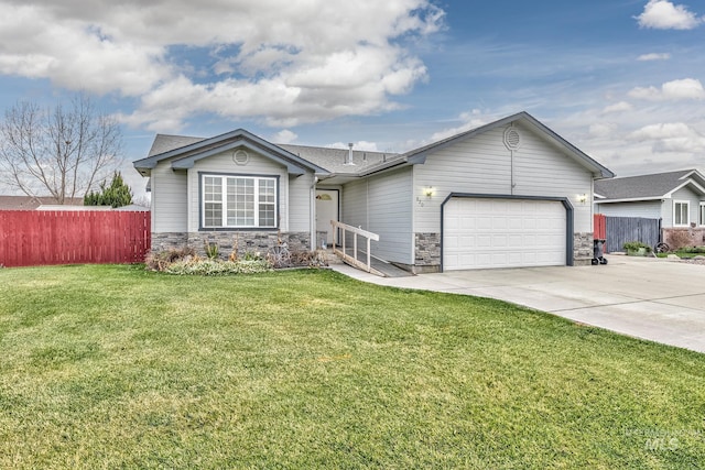 ranch-style house featuring a garage and a front yard