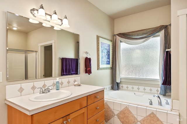 bathroom with vanity and plus walk in shower