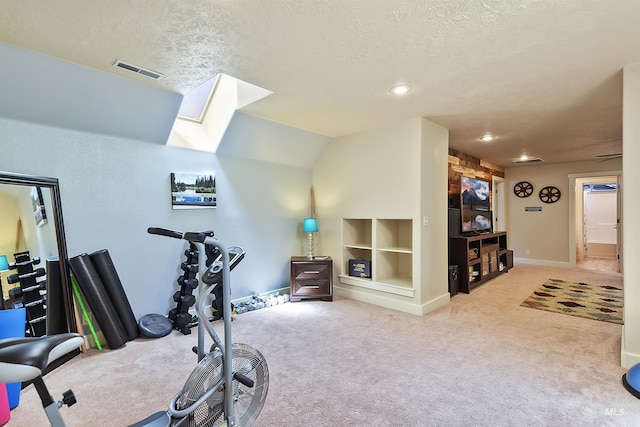 workout area with built in shelves, a textured ceiling, light carpet, and vaulted ceiling with skylight