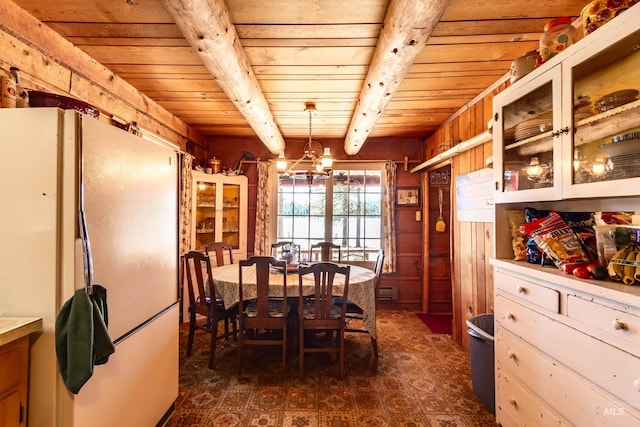 dining area featuring wood ceiling, beamed ceiling, an inviting chandelier, and wooden walls