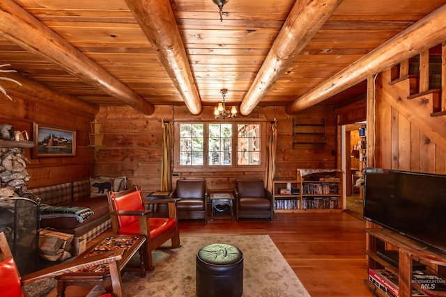 living area with an inviting chandelier, wood walls, wooden ceiling, hardwood / wood-style floors, and beam ceiling