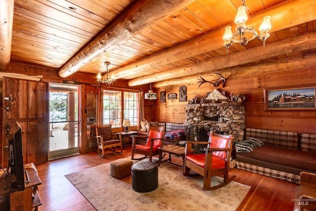 living room with a fireplace, a chandelier, wood ceiling, hardwood / wood-style flooring, and beam ceiling