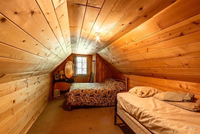 bedroom with carpet flooring, vaulted ceiling, wooden walls, and wooden ceiling