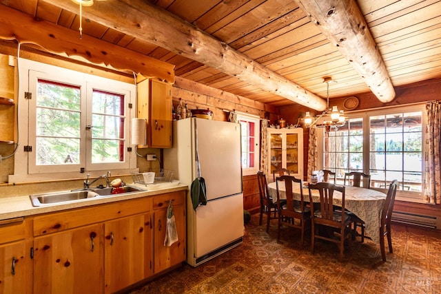 kitchen featuring hanging light fixtures, wooden ceiling, and sink