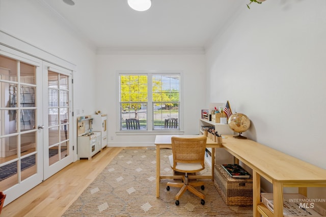 327 E Rockingham Dr, Eagle, ID 83616 - office area featuring ornamental molding, wood finished floors, and french doors