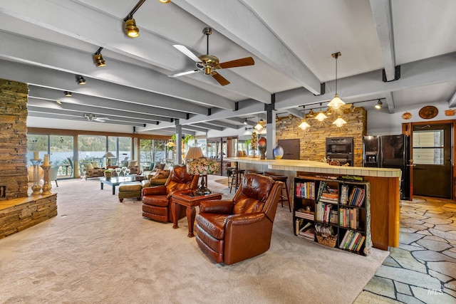 4076 Warren Wagon Rd, Mccall, ID 83638 - living room featuring a ceiling fan, beam ceiling, and carpet