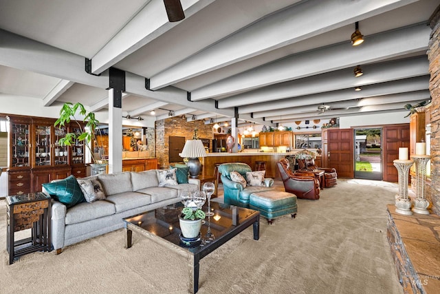 4076 Warren Wagon Rd, Mccall, ID 83638 - living area with light carpet, beamed ceiling, and bar area