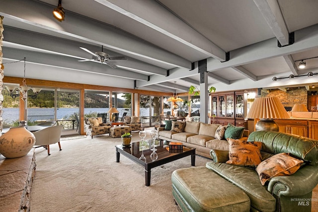 4076 Warren Wagon Rd, Mccall, ID 83638 - carpeted living area with a water view, rail lighting, and a ceiling fan