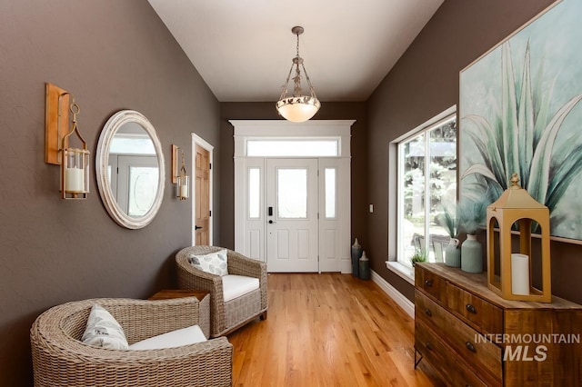 entryway with light wood finished floors, a wealth of natural light, and baseboards