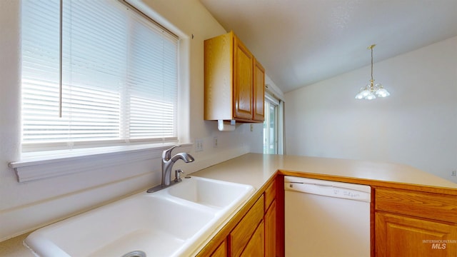 278 Trotter Dr, Twin Falls, ID 83301 - kitchen with dishwasher, vaulted ceiling, a peninsula, decorative light fixtures, and brown cabinetry