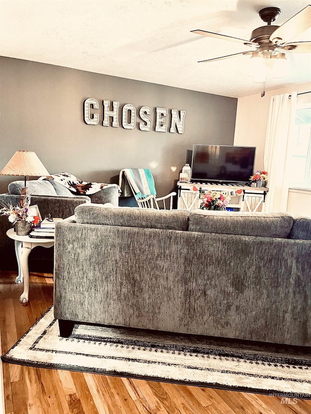 living room with wood-type flooring and ceiling fan