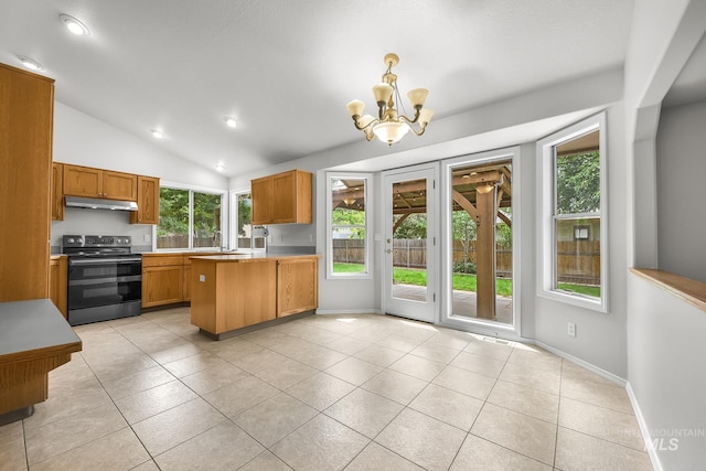 2943 S Zach Pl, Boise, ID 83706 - kitchen with electric range, under cabinet range hood, a peninsula, a chandelier, and vaulted ceiling